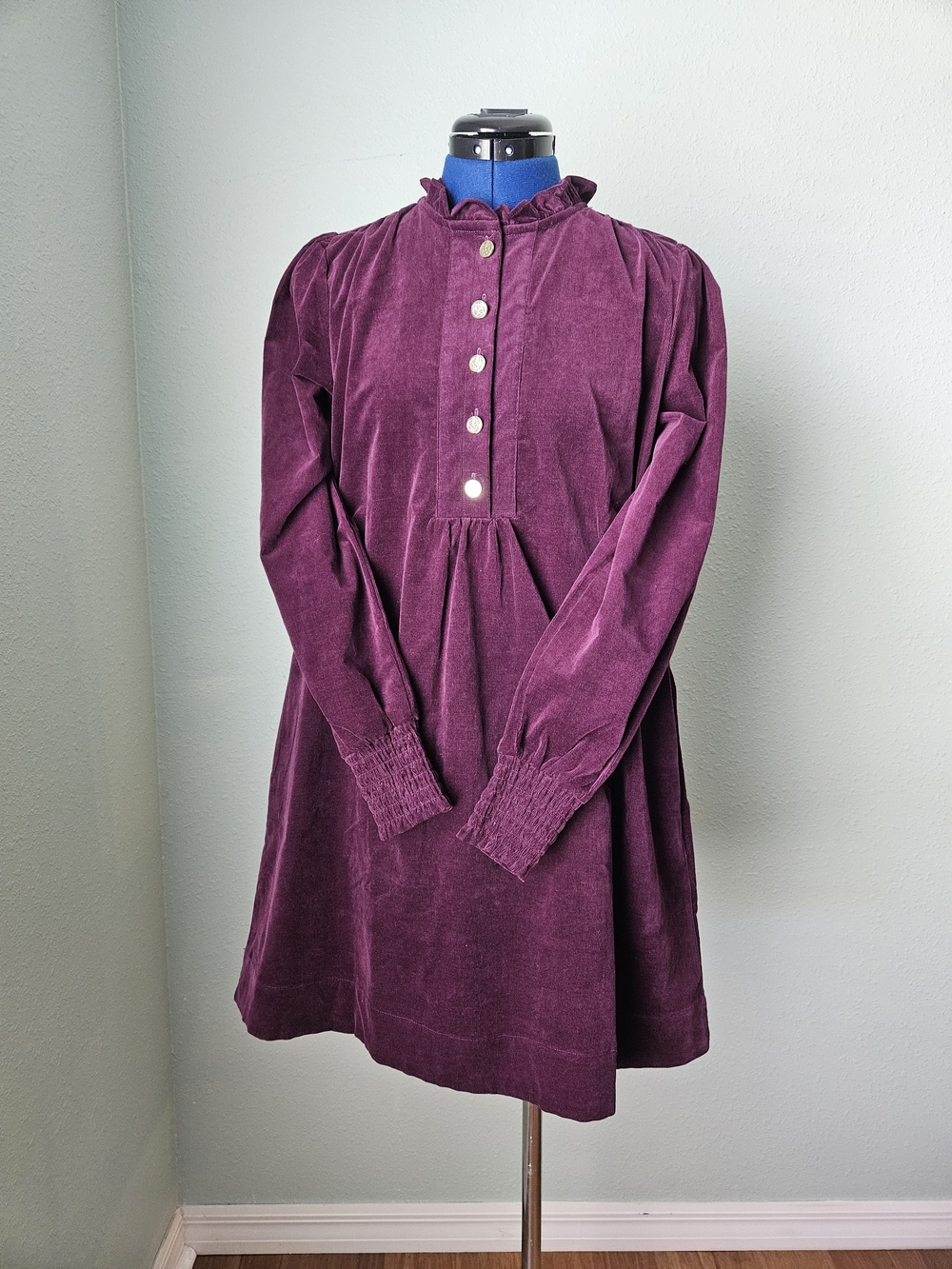 Draper James Plum Velvet Ruffle-Neck Button-front Long-Sleeve Xs Smock  Dress